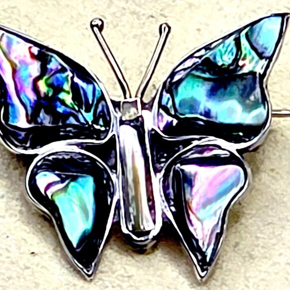 Vintage Taxco 925 Sterling Mexican Silver Abalone Iridescent Butterfly Brooch Pi - Picture 9 of 14